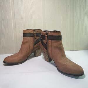Franco Sarto Brown Leather Side Zip Block Heel Ankle Boots